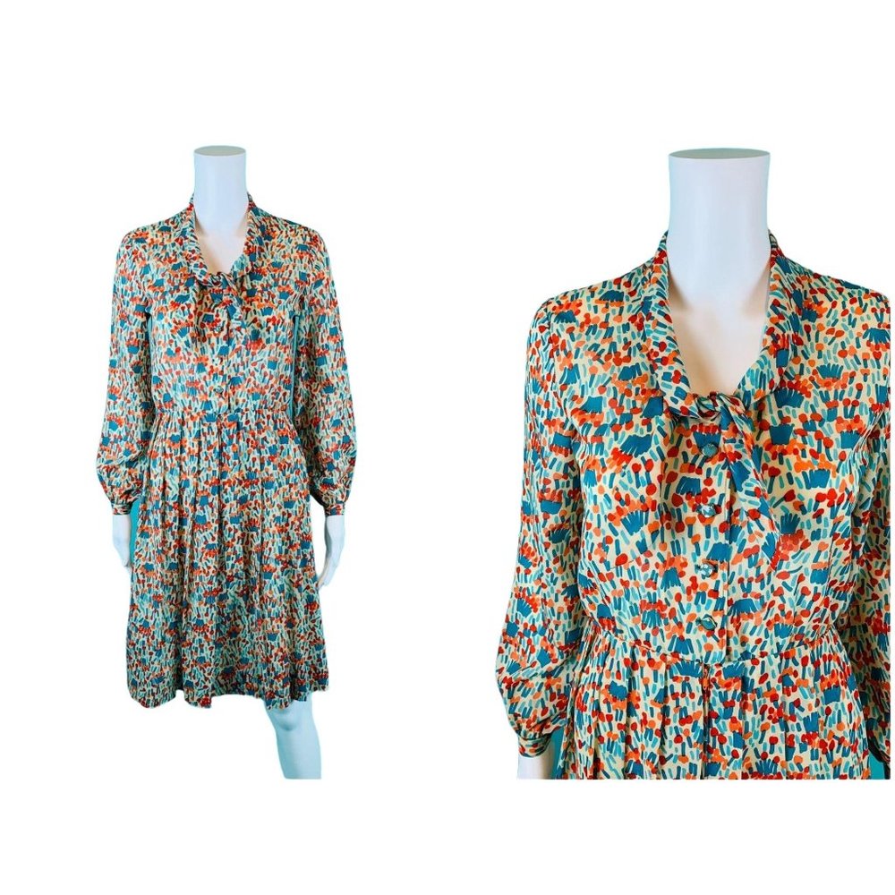 Vintage 1980s Silk Shirtdress Necktie Red Orange Blue Artistic Printed Dress